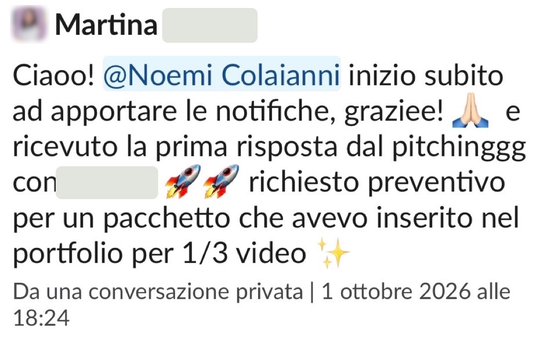 Messaggio di Martina, cliente del Percorso: prima risposta dal pitching, il brand chiede il preventivo per un pacchetto del suo portfolio